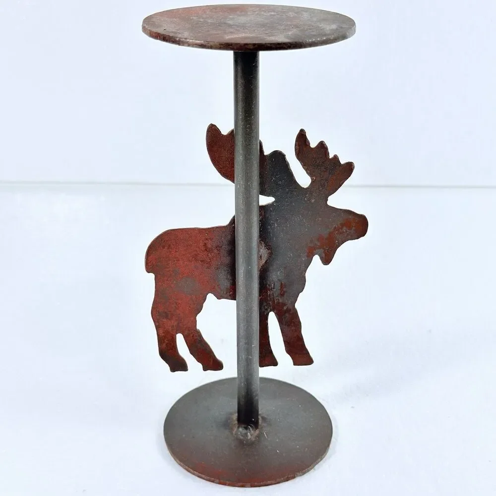 Vintage Metal Moose Pillar Candle Holder With Metal Stand Cabin Lodge Decor